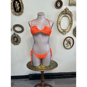 Divino Seas Neon Orange Cutout Ruched Tie Side Bikini Set Size XS Top S Bottoms